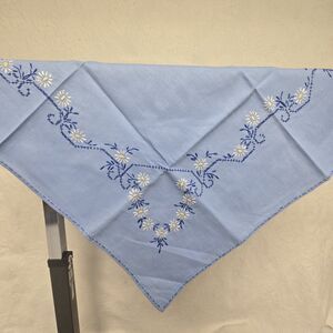 Embroidered Daisy Blue Table Cover Tea Time Retro Home Decor Vintage Handmade